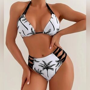 Palm Tree Triangle Halter Strappy High Waisted Bikini Set